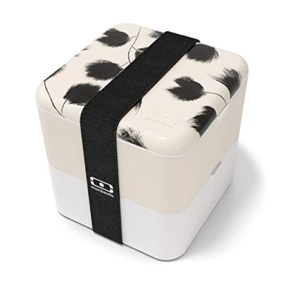 Bild av monbento MB Square Graphic Plume bento box Tillverkad i Frankrike Stor 2 nivåers läckagesäker lunchlåda för lunchförpackning och måltidsberedning på jobbet/skolan BPA fri Fjäder…