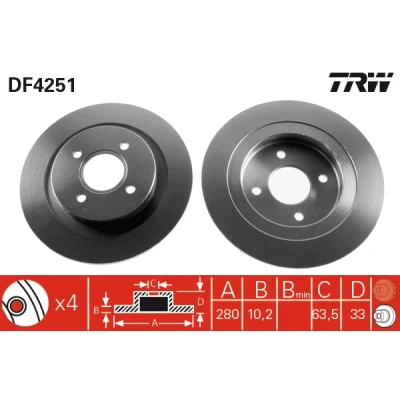 Bild av TRW DF4251 Disque de frein 280 10,2 4 108 plein peint FORD: Focus Mk1 3/5 portes, Break