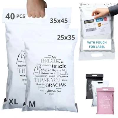 Bild av 40 Parcel bags with SHIPPING LABEL POUCH 2 Sizes M/XL FULLY OPAQUE/ULTRA RESISTANT/WATERPROOF Postage handle for Clothes &amp; Carton “Thank You Packaging