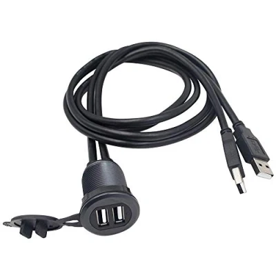 Bild av Duttek USB panel infälld monteringskabel 2 x 2.0 hane till hona förlängningsfäste, instrumentfäste, montering, panelmonteringskabel, för bil, båt, motorcykel (rund dubbel 1 m/3,3 fot)