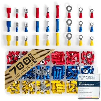 Bild av BAURIX® Kabelfästen set 700 stycken Kontaktdon för kabel sektioner [0,50 6 mm²] Elkontakter Elanslutningar Crimpkontakt Sortiment: platta uttag, ringkabelskor, runda pluggar, stumkontakter