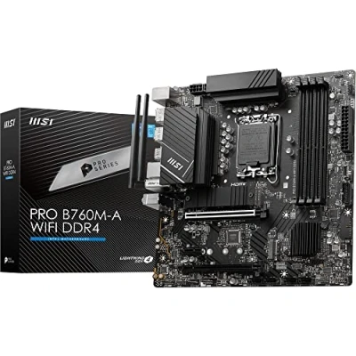 Bild av MSI PRO B760M A WIFI Ddr4 moderkort, Micro Atx för Intel Core 14e, 13:e och 12:a Gen Lga 1700 processorer Memory Boost 5333+Mhz/Oc, Slots Pcie 4.0 X16, M.2 Gen4, Lan 2.5G, Wi Fi 6E