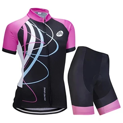 Bild av Kortärmad cykeltröja för kvinnor som andas väl, snabbtorkande cykelskjorta med 3D kuddshorts vadderade byxor, Galopperande rosa, M