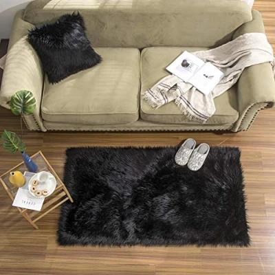 Bild av Teppich Wölkchen Fårskinnsmattor Fuskpäls Mattor Imitation Vardagsrum Sovrum Fluffig Matta Tvättbar Pälsmatta, Sittdyna, Dekorativ Päls Till Stol, Soffa, Säng Svart 80x120 cm Rektangel