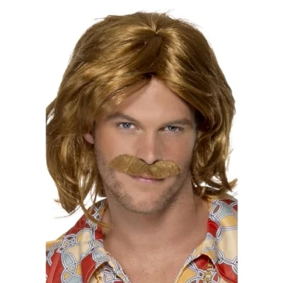 Bild av Smiffys herrar medellång och vågig peruk med mustasch, 70 tals supertrouper peruk, brun, en storlek, 42005