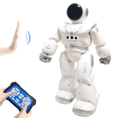 Bild av HUSAN Fjärrkontrollsrobot för barn, intelligent programmerbar robot med infraröd styrenhetsleksak, dans, sång, månpromenad och LED ögon, gestigenkänningsrobotsats (grå)