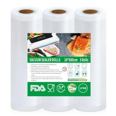 Bild av Votoko vakuumpåse livsmedel 3 rullar vakuumpåsar, 20 x 600 cm vakuumfolie, BPA fri, slitstark, 150 µm, vakuumfolierulle för alla vakuumförpackare, mikrovågsugnar, sous vide fryspåse