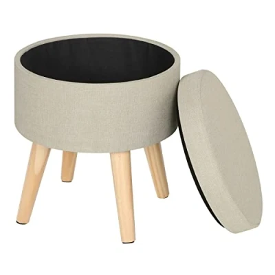 Bild av WOLTU® Sittpall med förvaringsutrymme fotpall förvaringslåda, avtagbart lock, stoppat linne sits, massivt trä, krämvit, SH08 cm 1