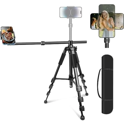 Bild av Elitehood Overhead stativ mobiltelefon flexibel, 180 cm horisontell tripod iPhone med 360 graders vinkel justerbar mobiltelefonhållare stativ, 63 lång boom mobiltelefonstativ för