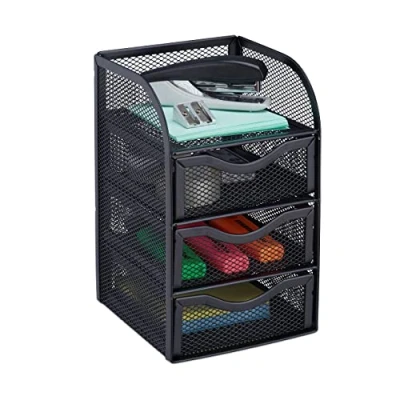 Bild av Relaxdays Skrivbordsförvaring, kontorsfack av metallnät, förvaringsbox för kontorsmaterial, H x B D: 21 12,5 13 cm, svart