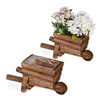 Bild av Relaxdays Växtskottkärra, set om 2, trädgårdsdekoration, H x B D: 12,5 26 12 cm, blomkärra för plantering, trä, natur