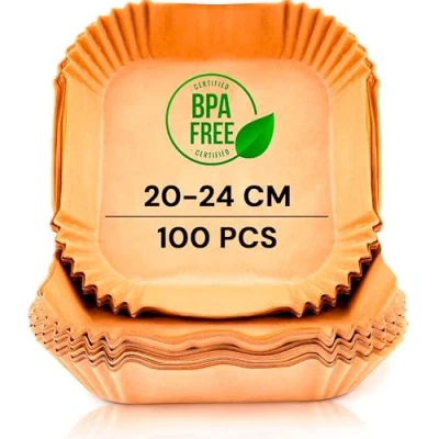 Bild av edihome, airfryer bakpapper för varmluftsfritös, 100 stycken 2024 cm, BPA fria tillbehör luftfritös, engångstillbehör ugn, 5 till 8 liter (fyrkantig, cm)