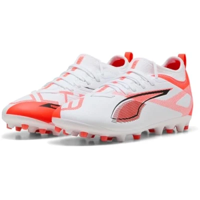 Bild av Puma Ultra 5 Match MG JR Unisex Fotbollsskor fasta dobbar för barn, Storlek: 32, White/black/glowing red Textil/syntet