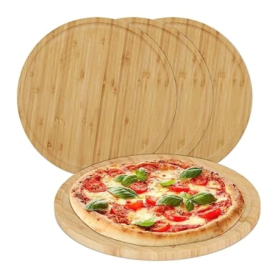 Bild av Relaxdays Pizzatallrikar, set om 4, bambu, Ø 32 cm, serveringsbräda för pizza, flammkakor, ost, rund pizzabräd, natur, pack