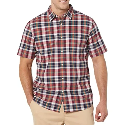 Bild av Amazon Essentials mäns Slim Fit kortärmad poplin skjorta, marinblå röd vit pläd, X Large