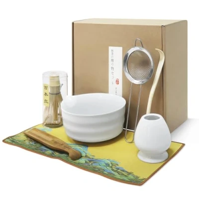 Bild av matcha Set, teset kvastset med visp, kvasthållare, keramisk skål, 2 teskedar japanska tillbehör för ceremoni, perfekt tillagning