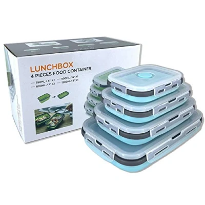 Bild av Beeptrum Hopfällbar silikon matförvaringsbehållare med lock, bärbar lunch bentolåda utomhus picknickbox platsbesparande, mikrovågsugn, diskmaskin och frys, set 4 (blå grå)