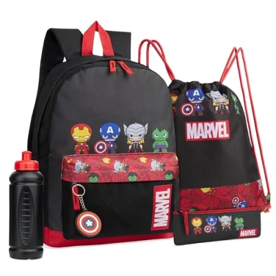 Bild av Marvel skolväskeset, 5 delat set med ryggsäck, väska dragsko, pennfodral, vattenflaska och nyckelring presenter till pojkar, Svart/röd Avengers, En storlek, Skolväska