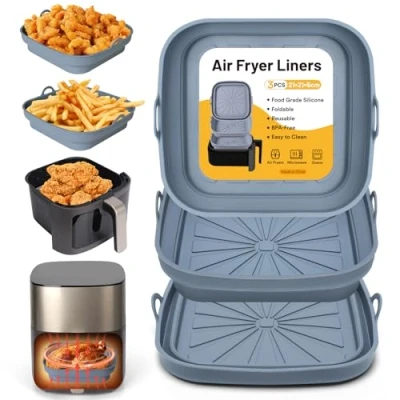 Bild av Alyvisun Silikonform för Luftfritös, 3 Stycken Silikongrytor Airfryer Återanvändbara Silikonfoder Luftfritöskorg Fyrkantig Vikbar Silikonbakform Air Fryer, Mikrovågsugn, Ugn (Grå)
