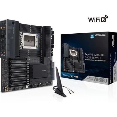 Bild av ASUS Pro WS WRX80E SAGE SE Wi Fi Workstation moderkort, AMD sWRX8 sockel (AMD WRX80 Ryzen Threadripper, eATX, Intel Dual 10G LAN, USB 3.2 Gen 2x2 Type C, 7x PCIe 4.0 x16, 2x M.2 4.0, ASMB9 iKWM)