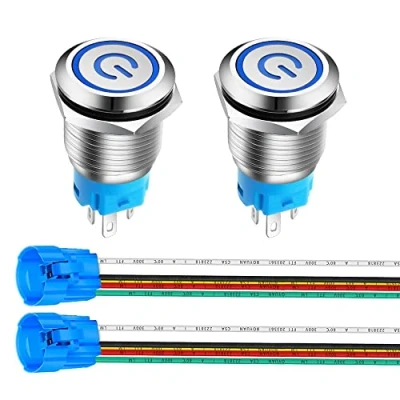 Bild av Gebildet 2 delar 0,63 tum/16 mm Rostfritt Stål Spärrknapp Brytare 12 V 24 5 A Strömsymbol LED 1NO1NC SPDT ON av Vattentät Vippströmbrytare med Kabeluttag (blå LED)