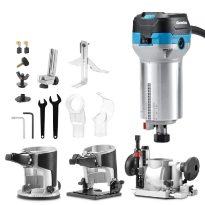 Bild av Genmitsu 1,25 hk fräs med handflatstrimmer, kompakt träfräs fast bas, insticksbas och lutningsbas, 6 variabla hastigheter 10000 30000 R/MIN