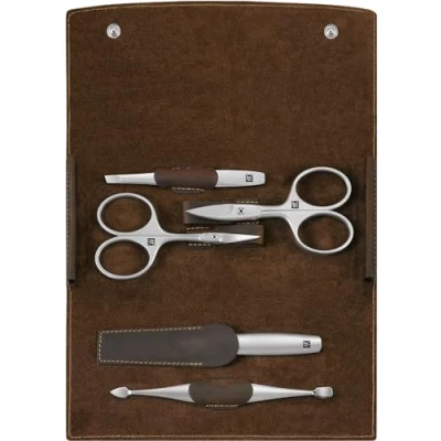 Bild av ZWILLING Manikyrset (5 delat, nagelvård och pedikyr, väska i äkta läder, precision, med nagelsax nagelbandssax), Premium, Brun