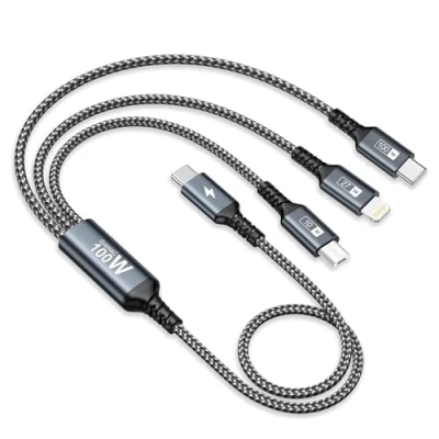 Bild av 100 W USB C till multi laddningskabel [0.5 m] 3 i 1 snabbladdningskabel med E Mark Chip C[100 W] Micro[10 Lightning[27 för Galaxy S23/iPad