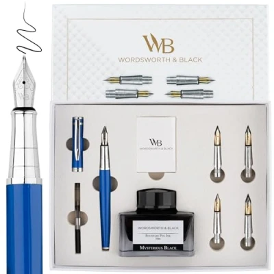 Bild av Wordsworth och svart reservoarpenna presentpaket, inkluderar bläckflaska, påfyllningsomvandlare, ersättningsspetsar, premiumpaket för journalföring kalligrafi blå krom