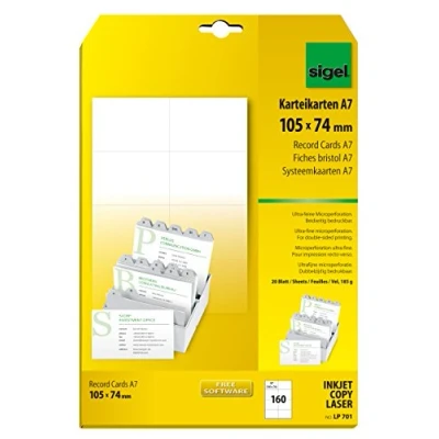 Bild av Sigel Vit A7 (74 x 105 mm) 185 g/m² 160 kort (20 ark 8) indexkort