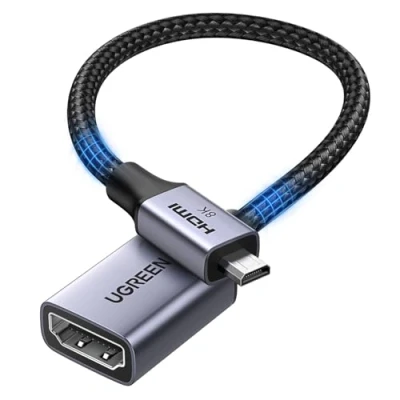 Bild av UGREEN Micro HDMI till 2.1 Adapter 8K@60Hz 4K/2K/1080P@240Hz Dubbelriktad kabel eARC/ARC HDR VRR ALLM Atmos HDCP 48Gbps Kompatibel med Raspberry Pi 5 Kamera Bärbar dator XBOX Series X PS5 (25cm)