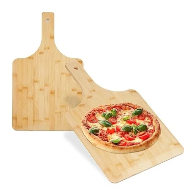 Bild av Relaxdays Bambu pizzaspade set om 2, 50 x 30 cm, fyrkantig, pizzaspade, rundade kanter, handtag, brödspjäll, natur, pack