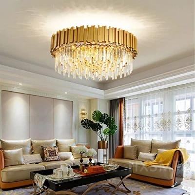 Bild av Modern kristallkrona, Rund ljuskrona Kristallkronor, K9 Kristall Ljuskrona, Elegant Takljus för Vardagsrum, Matsal, Kök, Sovrum 9xE14(Guld,55cm)