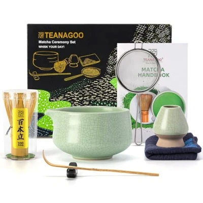 Bild av TEANAGOO matcha vispset grönt, 7 st set, kit för ceremoni, teset att göra frukost/latte, grön matchningsskål (Chawan) vit pip och visp, present till älskare