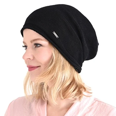 Bild av CHARM Silke slouch beanie stickad mössa stor kemohuvudbonad lockar hår, svart, En Storlek
