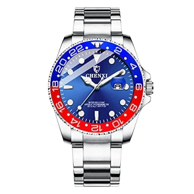 Bild av JewelryWe Herrklocka rostfritt stål kvarts analog armbandsur 30 m vattentät romerska siffror urtavla klocka med vecka datum kalender och lysande visare fars dag gåva, Roterbar infattning silver/blå,