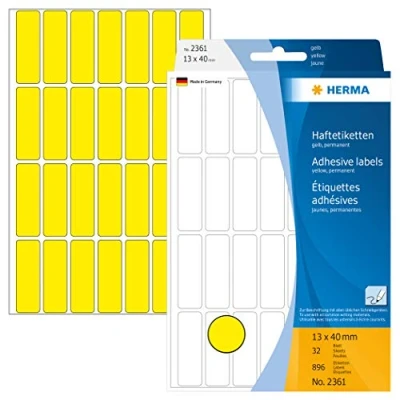 Bild av HERMA 2361 multifunktionsetiketter mini (13 x 40 mm, 32 ark, papper, matt) självhäftande, permanenta hushållsetiketter för handskriven märkning, 896 klistermärken, gul