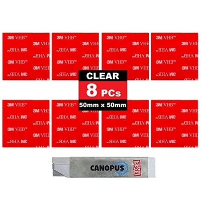 Bild av Canopus 3 m dubbelsidiga självhäftande kuddar, extra starka transparenta VHB 4910, 8 stycken (50 mm x 50 mm) vattentäta perfekt för heminredning, nummerplåtssjälvhäftande