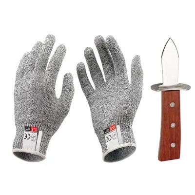Bild av LdawyDE Oyster knivset, Shucker, Opener med Red Pear Wood Handle och 1 par nivå 5 skärbeständiga handskar (XL), rostfritt stål Shucker set för mussla skaldjur
