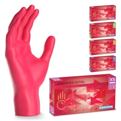 Bild av ARNOMED engångshandskar röda, nitrilhandskar XS, med 100 st/box, puderfria, latexfria gummihandskar, finns i S, M, L &amp; XL