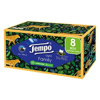 Bild av Tempo Pappersnäsdukslåda, 8 Lådor x 120 Näsdukar, 3 Slöjor, Biologiskt Nedbrytbara, Family Box The Power of Vänlighet