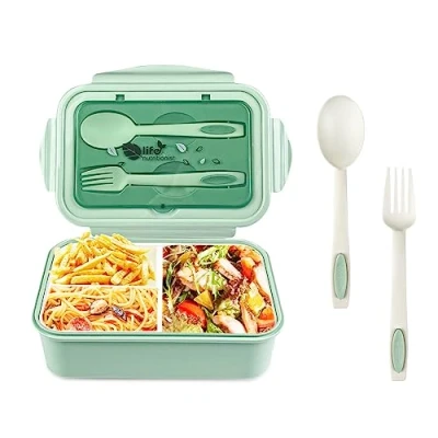 Bild av Relota lunchlåda med 3 fack och skedgaffel 1 400 ml, matlåda läckagesäker BPA fri, bentolåda för mikrovågsugn, frukostlåda vuxna barn skola arbete, grön