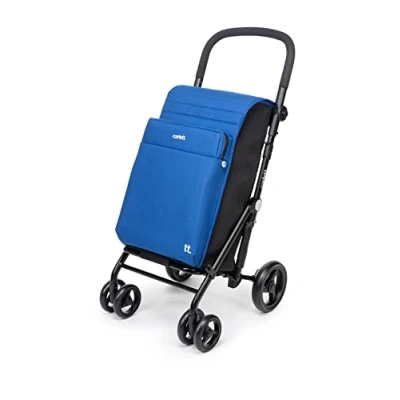 Bild av Carlett Shoppingvagn, hopfällbar stormarknadsvagn med 4 hjul, regnbeständig och en stor kapacitet på 32 kg, huvudväska 64 liter, 12 l kylbox bakficka blå färg