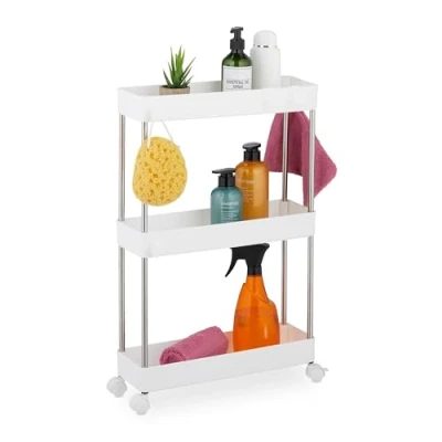 Bild av Relaxdays nischvagn, 3 våningar, smal nischhylla för kök och badrum, H x B D: 62 41,5 14,5 cm, rullhylla, vit