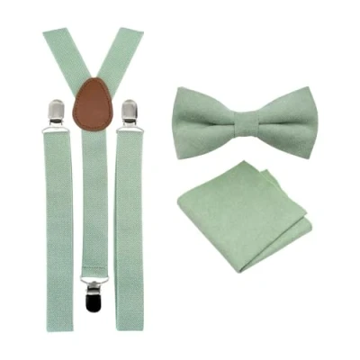 Bild av Herr lyxig bomullsblandning fluga och ficknäsduk hängslen set, Salvia grön &amp; eukalyptushängslen, Bow Tie: Length 11.5cm. Width: 7.5cm