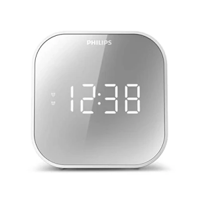 Bild av Philips väckarklocka med radio, radio spegeldisplay för sängkanten, digital dubbelt larm, sömntimer och snooze funktion, bärbar batteribackup, USB anslutning TAR4406/12