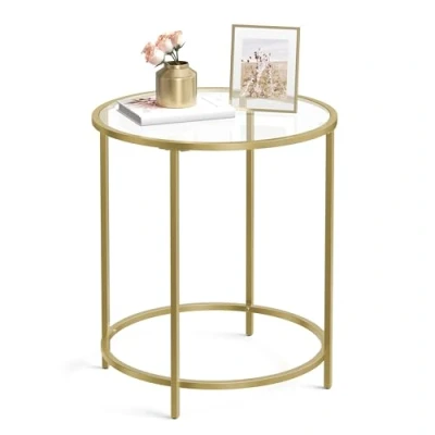 Bild av VASAGLE Sidobord runt, set om 2, litet soffbord, glasbord med metallram, nattduksbord, balkong, härdat glas, guldfärgat LCT631B01