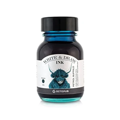 Bild av Octopus Fluids WD PR 050 skriv och draw bläck 419 petrol buffalo vattentätt för ritning kalligrafi ljusäkta ritbläck reservoarpenna glaspensel 50 ml genomskinlig