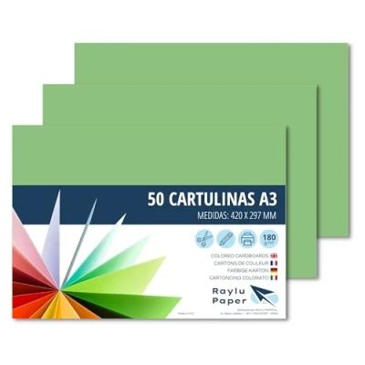 Bild av Raylu Paper® A3 kartonger 50 enheter, 180 g/m², 420 x 297 mm. Färgade med mjuk känsla, perfekt för bindning, kontor, teckning och hantverk. (äpplegrön)