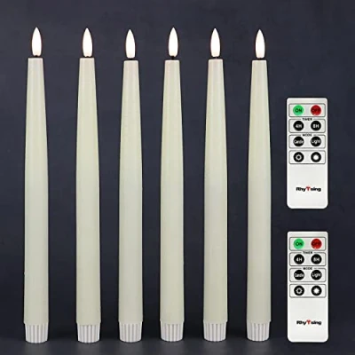 Bild av Rhytsing 6 flimrande flamlösa långa ljus led elfenbenvit med timer, hushållsljus för ljusstakar rustik design varmvitt ljus, höjd 29 cm, 2 fjärrkontroller ingår